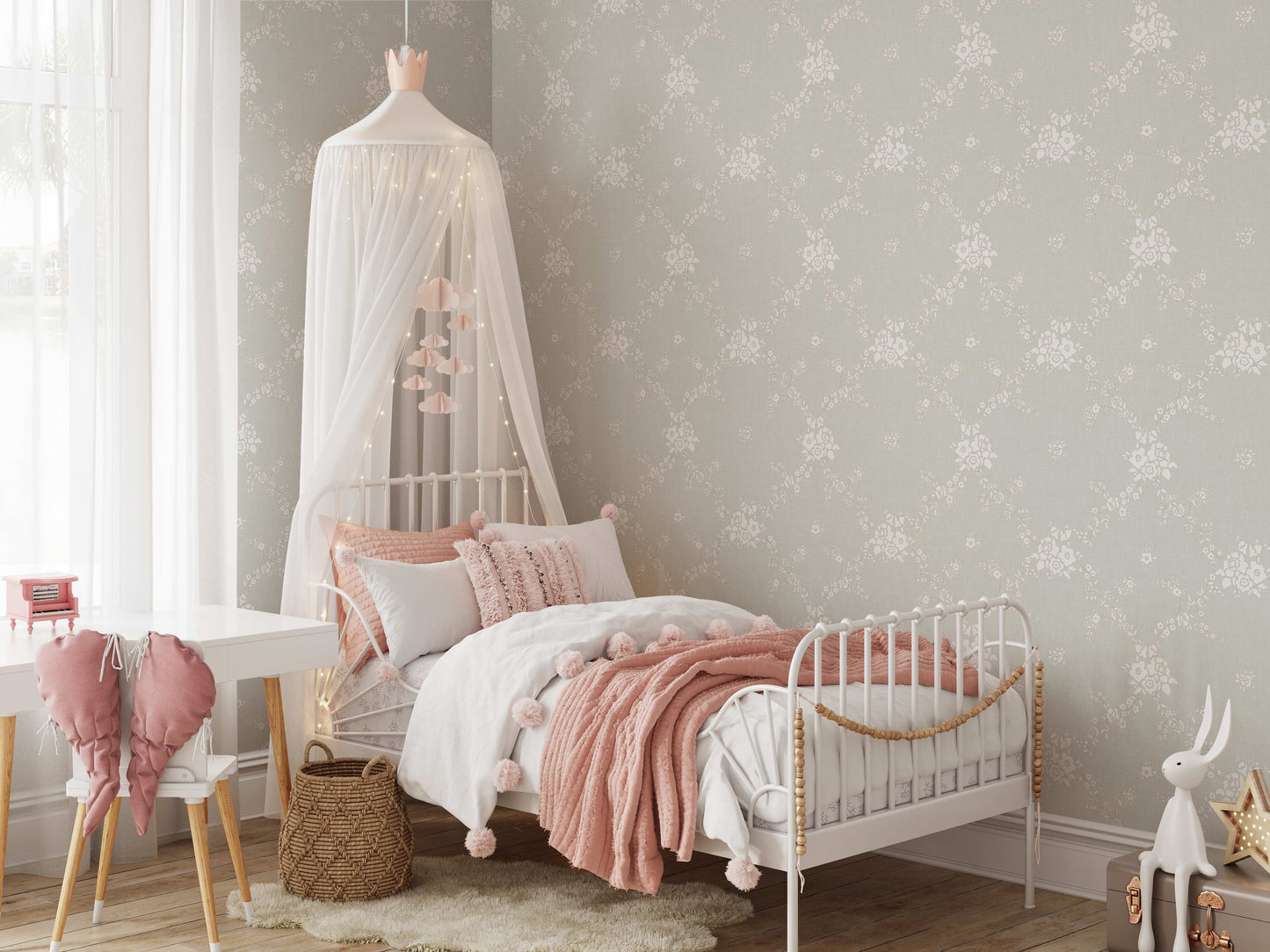 Vining Wild Roses Wallpaper in Light Gray shown in a bedroom.