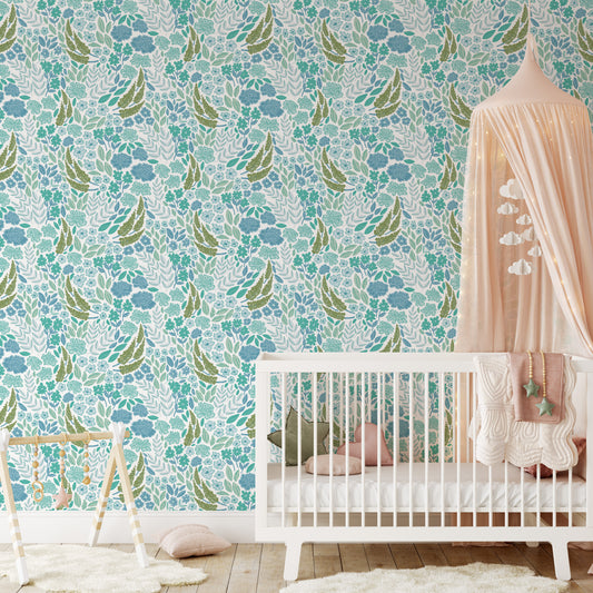 Add natural beauty to your home with Wildflower Waltz Wallpaper - Wild Blue. The stunning array of botanical and colorful wildflowers creates a peaceful and welcoming atmosphere shown in a full size image.