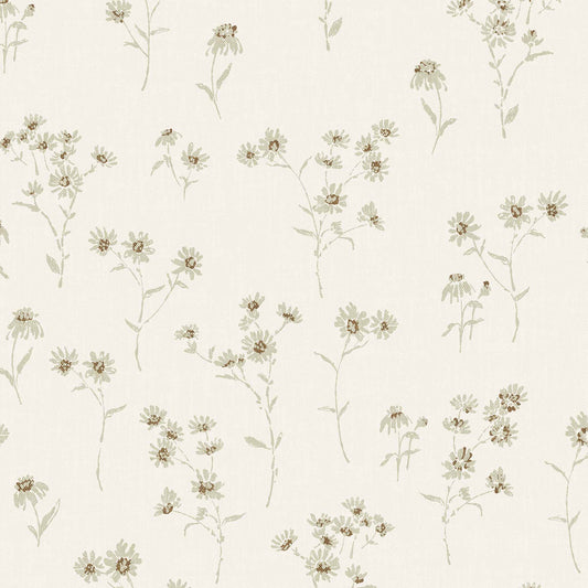 Scattered Wildflowers Wallpaper in Cream shown close up.