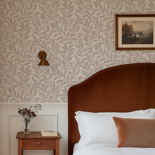 Winding Vines Wallpaper in Rose in a bedroom