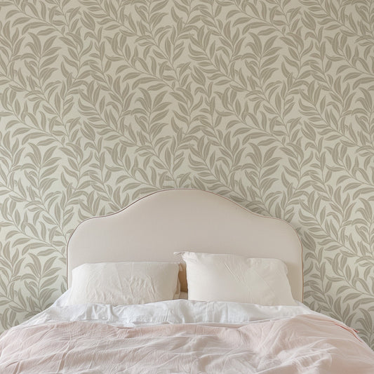 Winding Vines Wallpaper in Beige in a bedroom