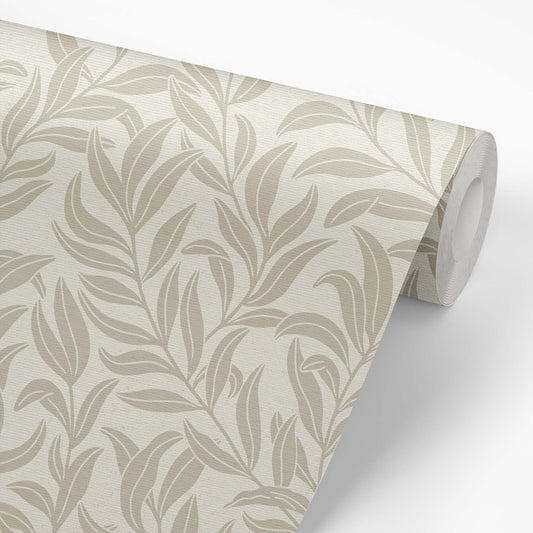 Winding Vines Wallpaper in Beige on a roll of wallpaper