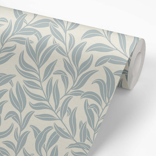 Winding Vines Wallpaper in Cloudy Blue on a roll of wallpaper