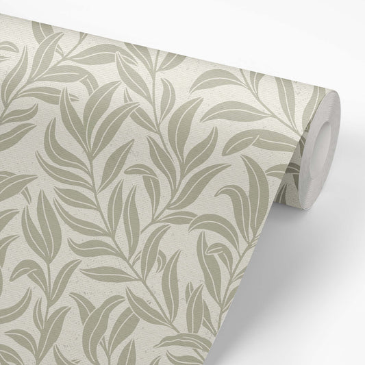 Winding Vines Wallpaper in Sage on a roll of wallpaper