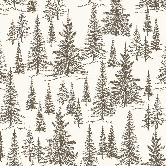 Winter Pines Wallpaper in Cub Brown in a closeup view