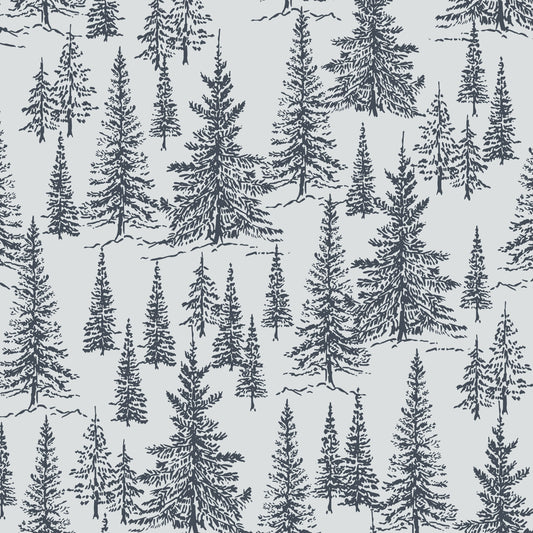 Winter Pines Wallpaper in Hale Navy in a closeup view