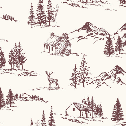 Winter Valley Toile Wallpaper in Burgundy in a closeup view
