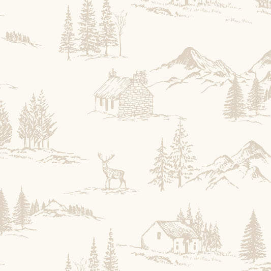 Winter Valley Toile Wallpaper in Natural Linen in a closeup view
