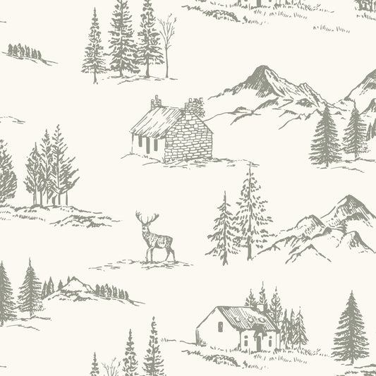Winter Valley Toile Wallpaper in Soft Sage in a closeup view