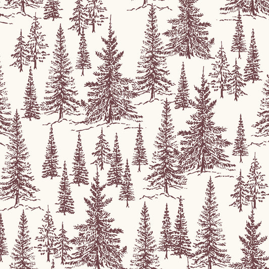 Winter Pines Wallpaper in Burgundy in a closeup view