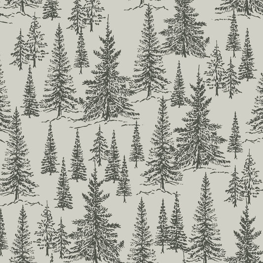 Winter Pines Wallpaper in Moss Green in a closeup view