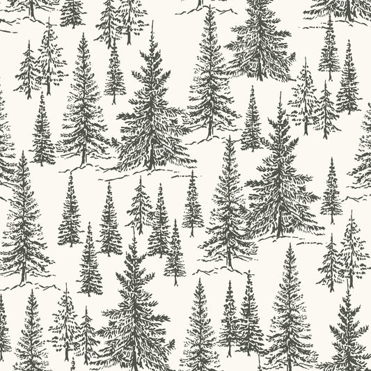 Winter Pines Wallpaper in Forest Green in a closeup view