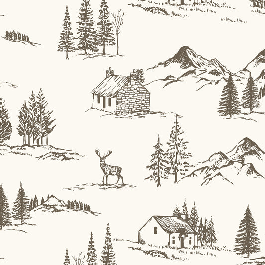 Winter Valley Toile Wallpaper in Cub Brown in a closeup view
