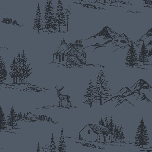 Winter Valley Toile Wallpaper in Midnight Blue in a closeup view