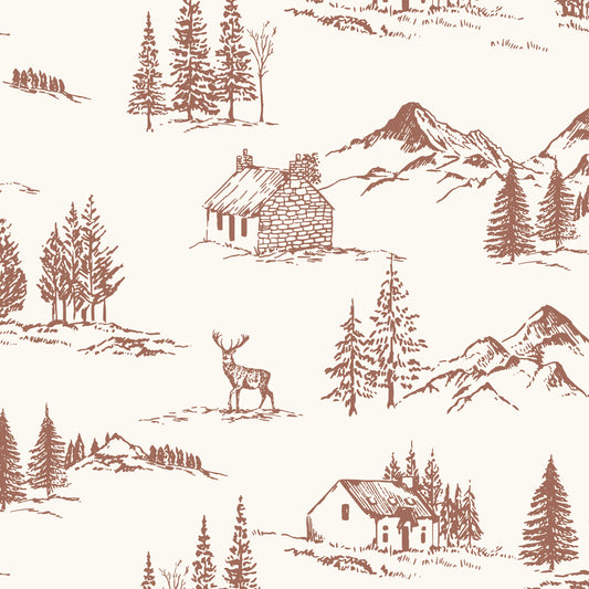 Winter Valley Toile Wallpaper in Rust Orange in a closeup view