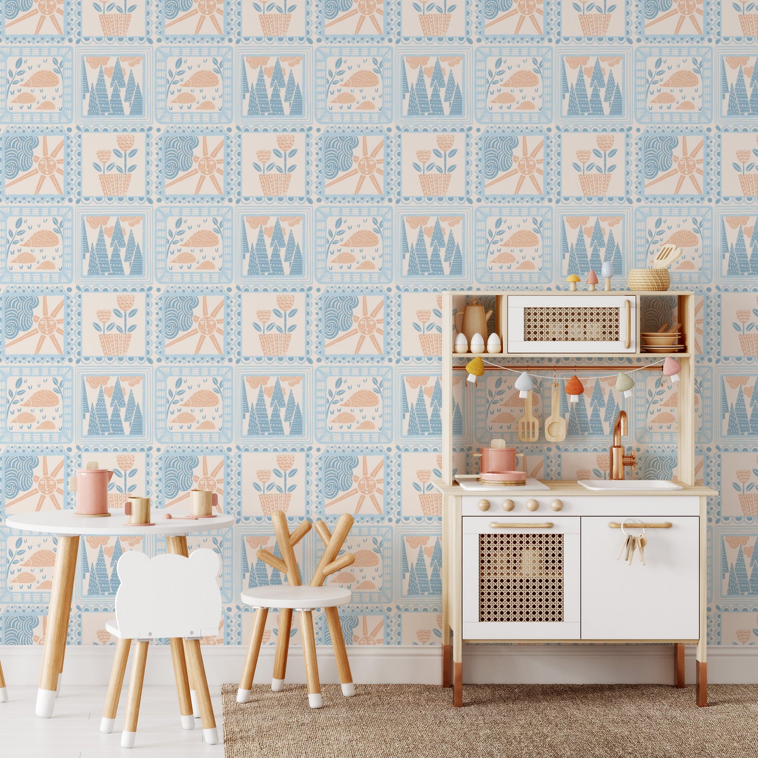 Woodland Frames Wallpaper in Blue shown in a kids play room.