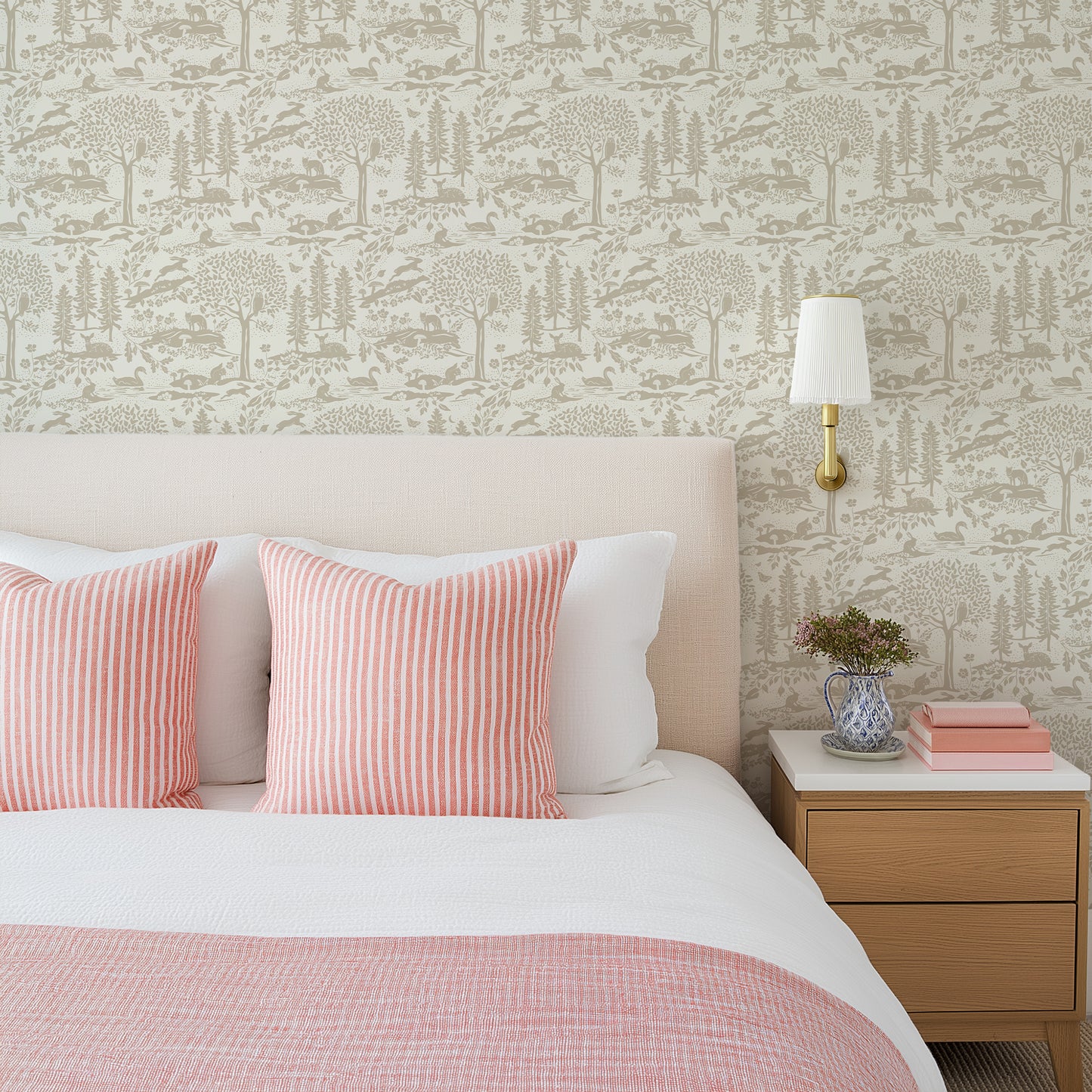 Woodland Meadow Wallpaper in Tan shown in a bedroom.