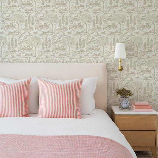 Woodland Meadow Wallpaper in Tan shown in a bedroom.