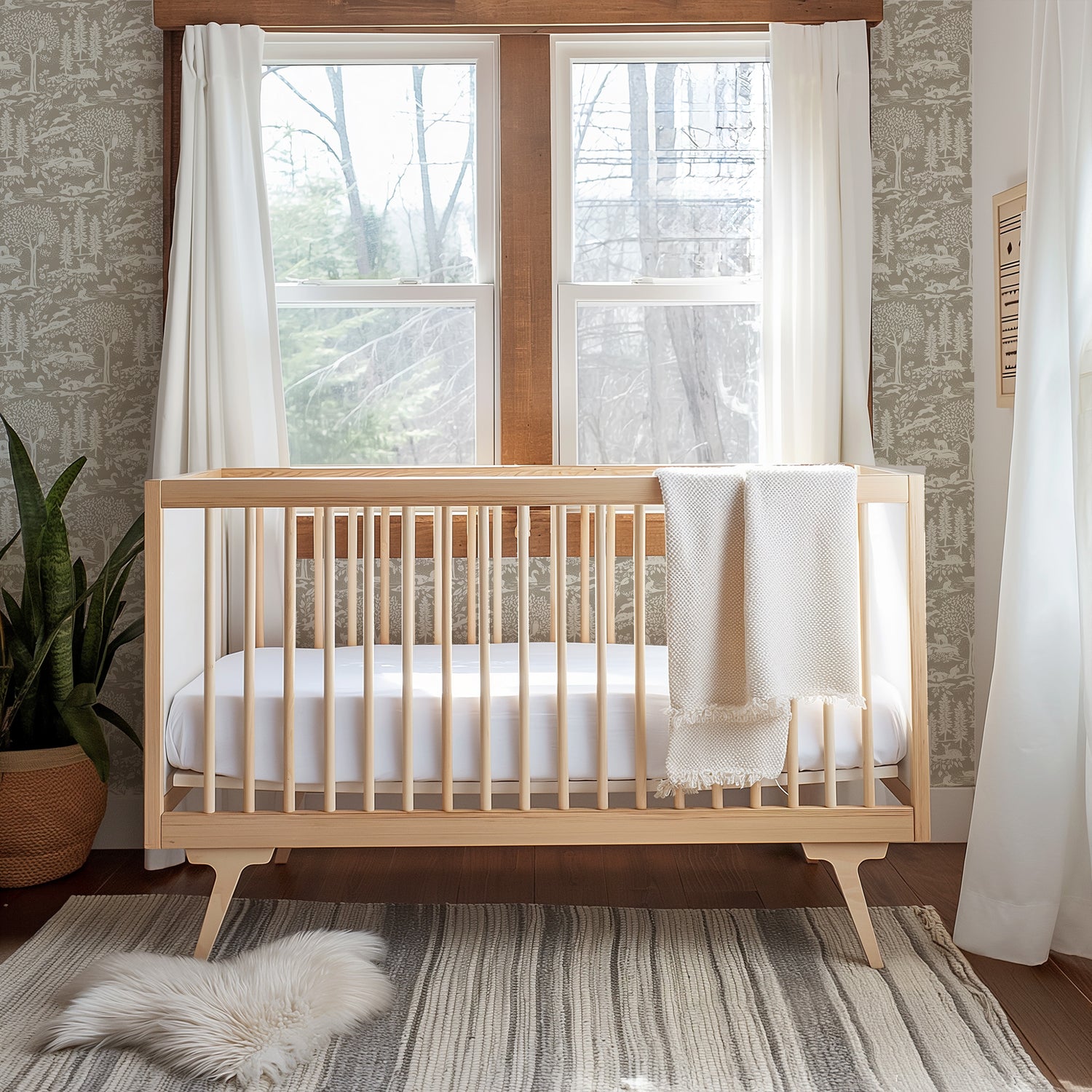 Woodland Meadow Wallpaper in Brown shown in a nursery. 
