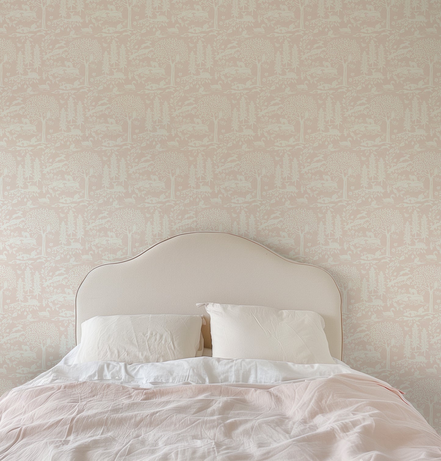 Woodland Meadows Wallpaper in Pink shown in a bedroom.