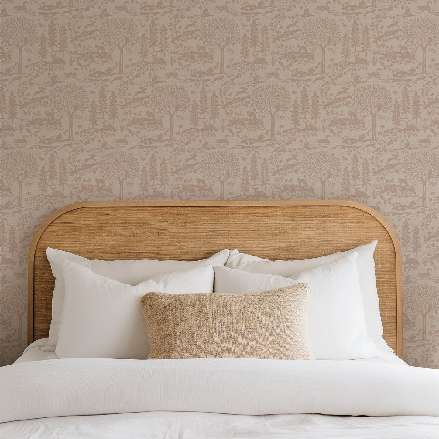 Woodland Meadows in Pink on Cream shown in a bedroom.