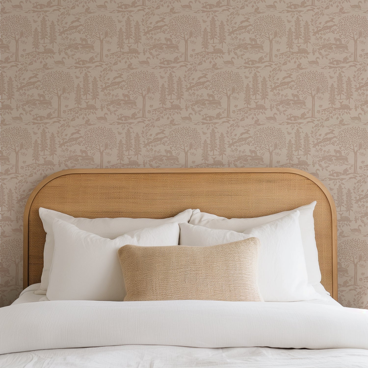 Woodland Meadows in Pink on Cream shown in a bedroom.