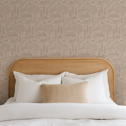 Woodland Meadows in Pink on Cream shown in a bedroom.