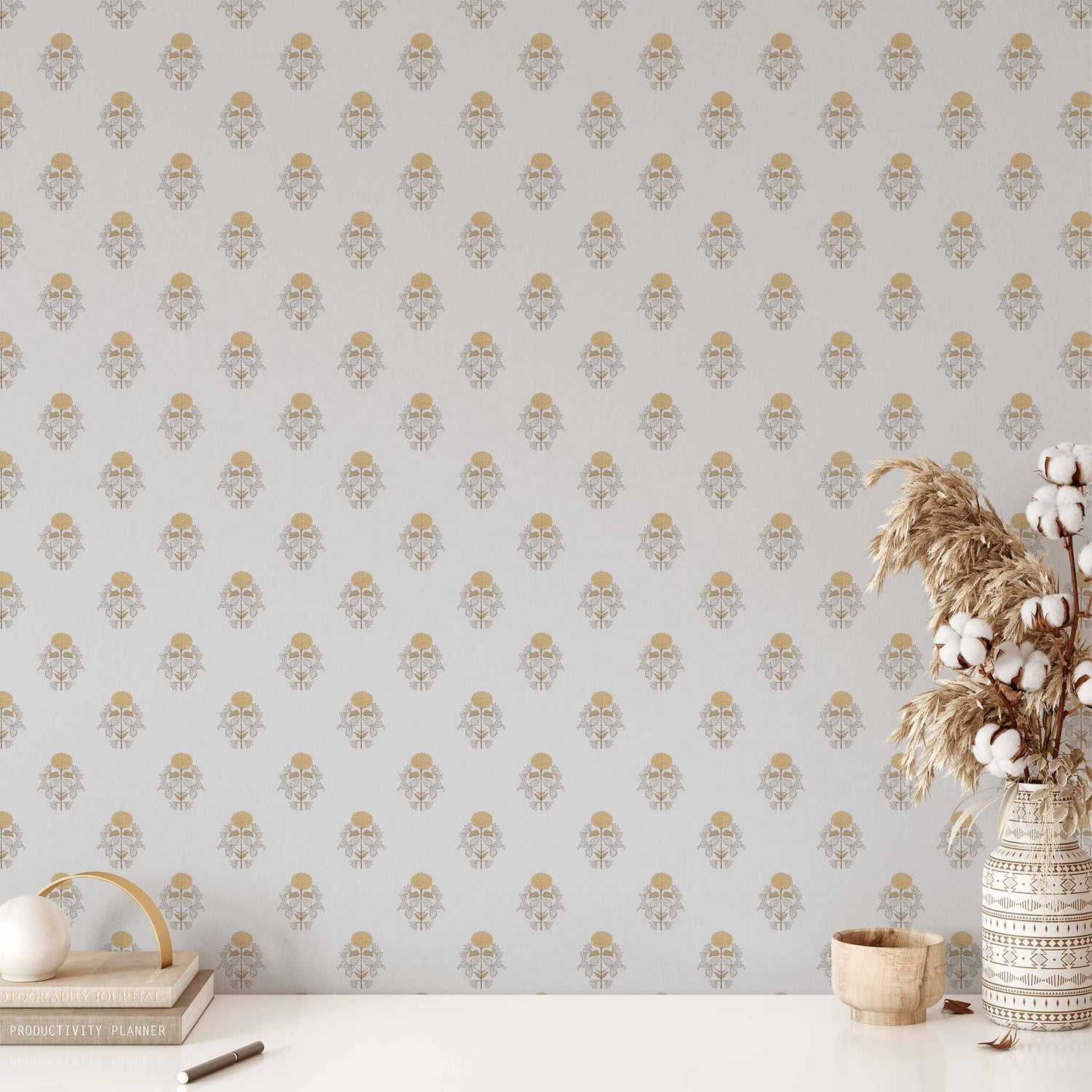 Yellow Marigolds Wallpaper in French Blue shown in an office.