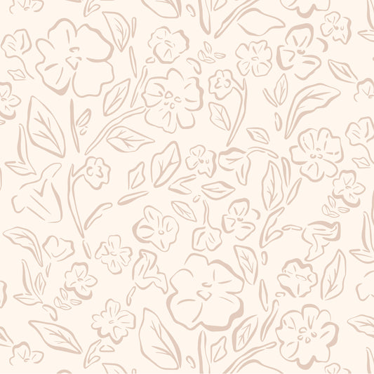 This Beverly Wallpaper in nude offers a stylish and feminine touch with its delicate floral design shown zoomed in.