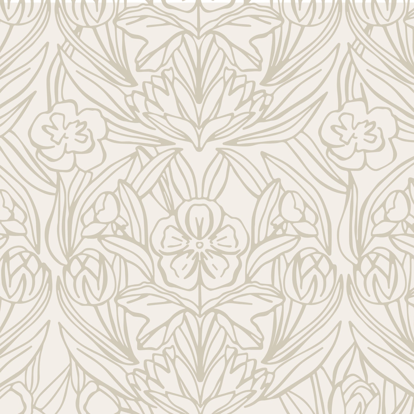 Featuring a subtle combination of florals, this taupe wallpaper adds a touch of elegance shown zoomed in.