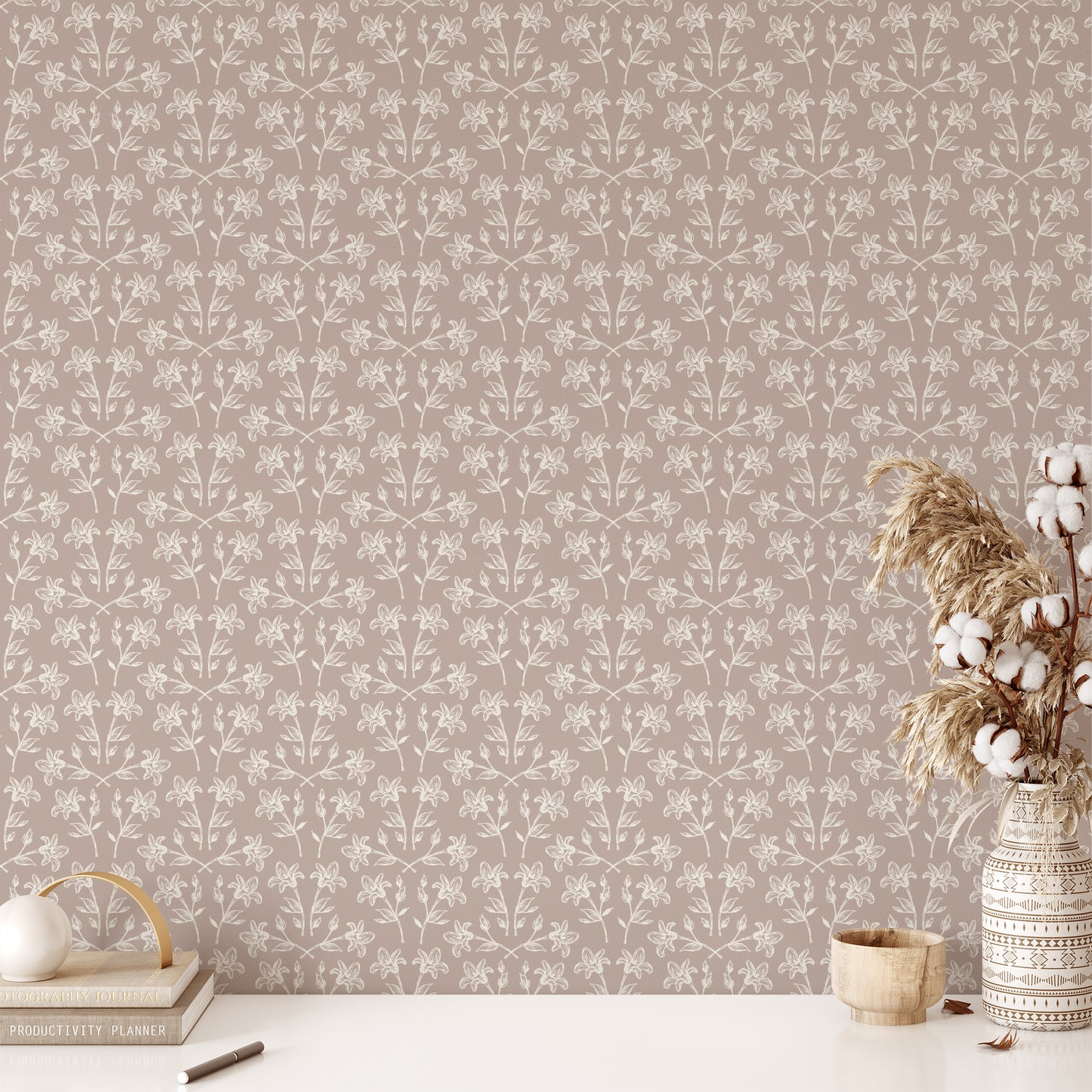 Cottage Florals Wallpaper in Beige shown in an office.