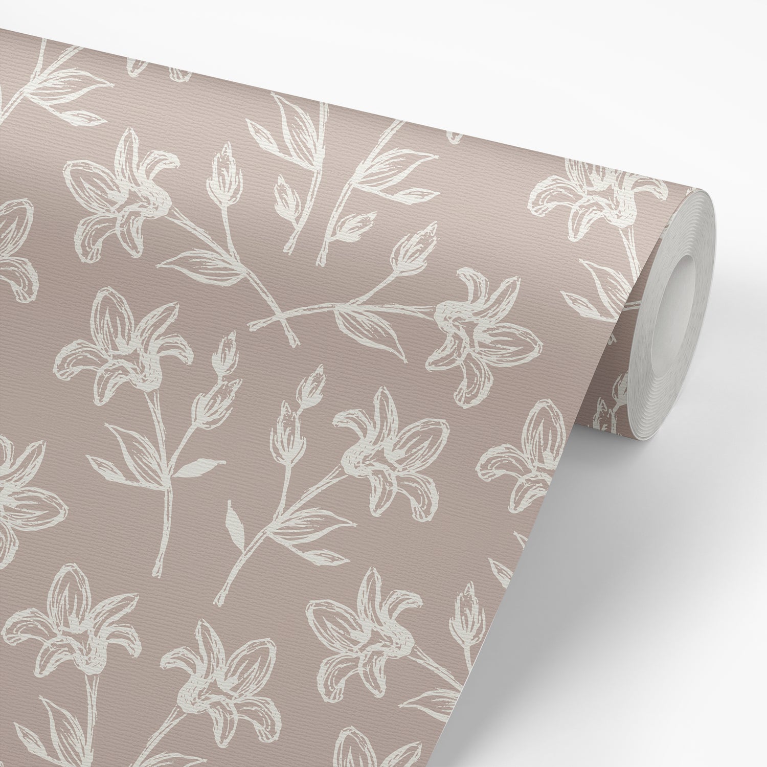 Cottage Florals Wallpaper in Beige shown on a wallpaper roll.