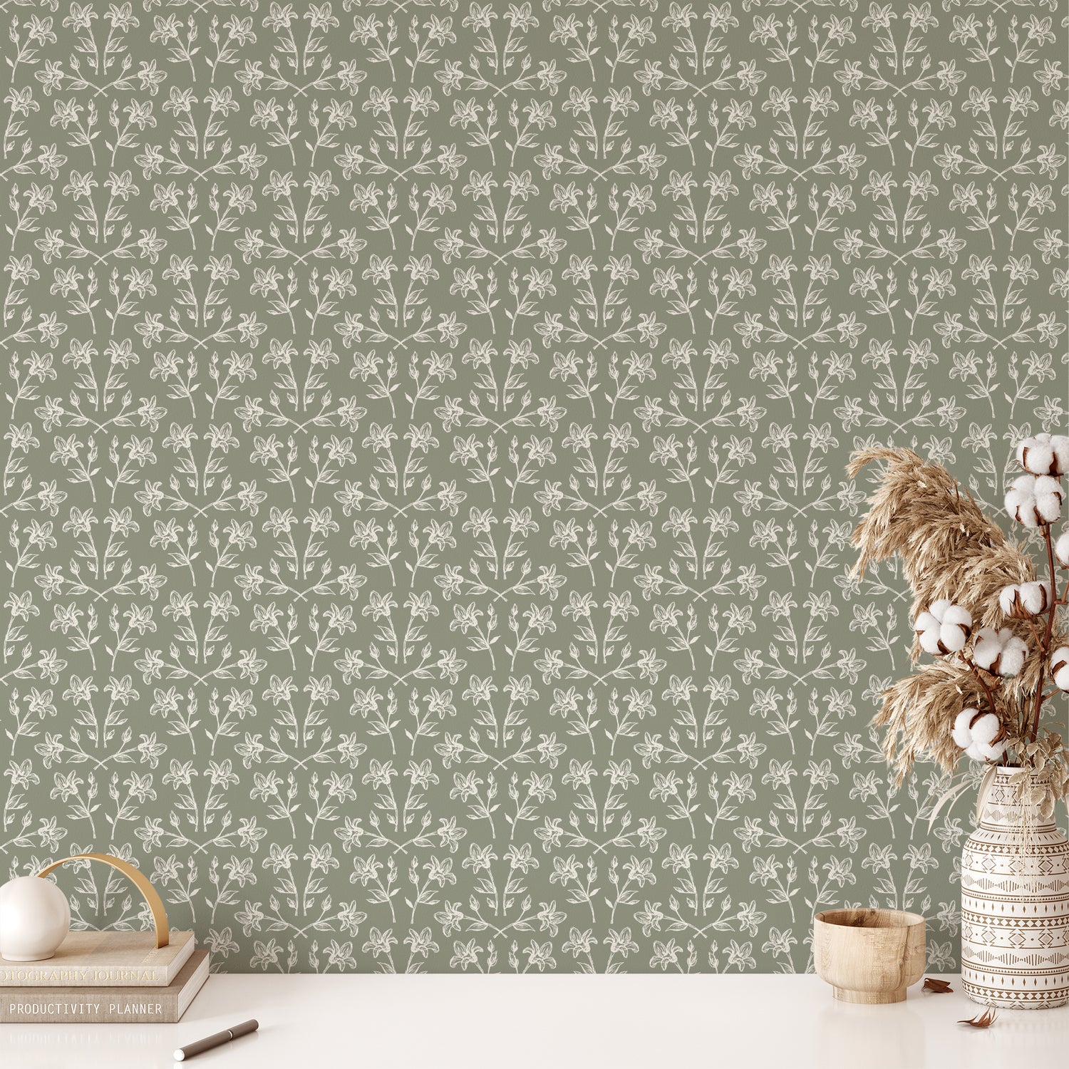 Cottage Florals in Sage shown in an office.