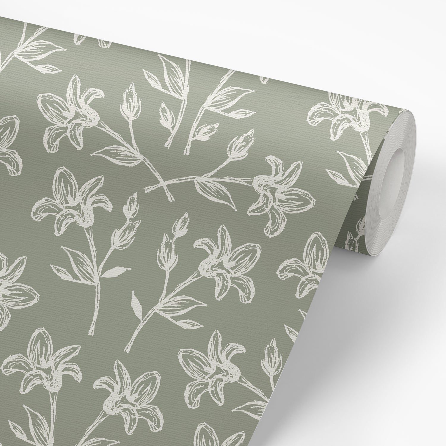 Cottage Florals in Sage shown on a wallpaper roll.