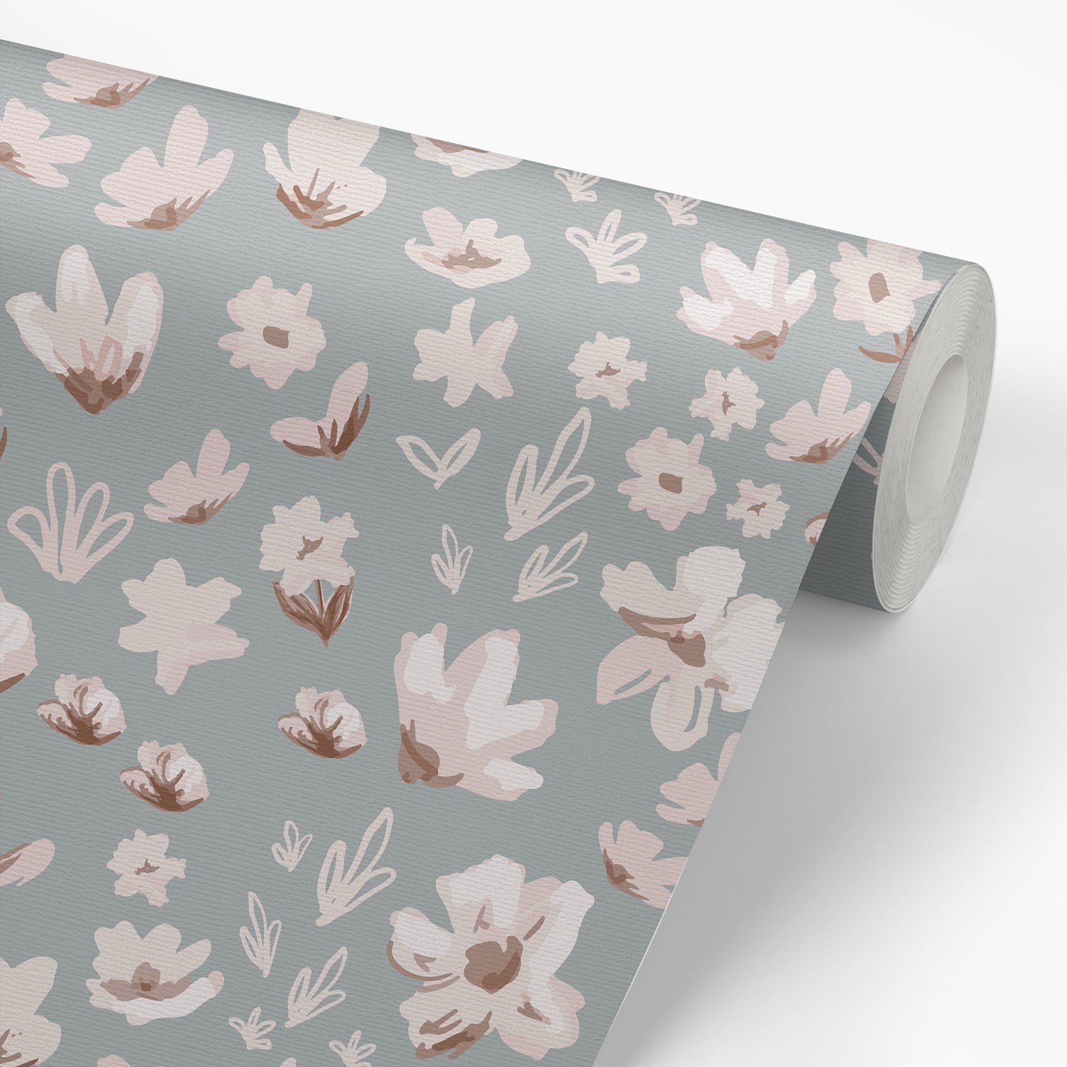 Ditsy Daisies in Denim shown on a wallpaper roll.