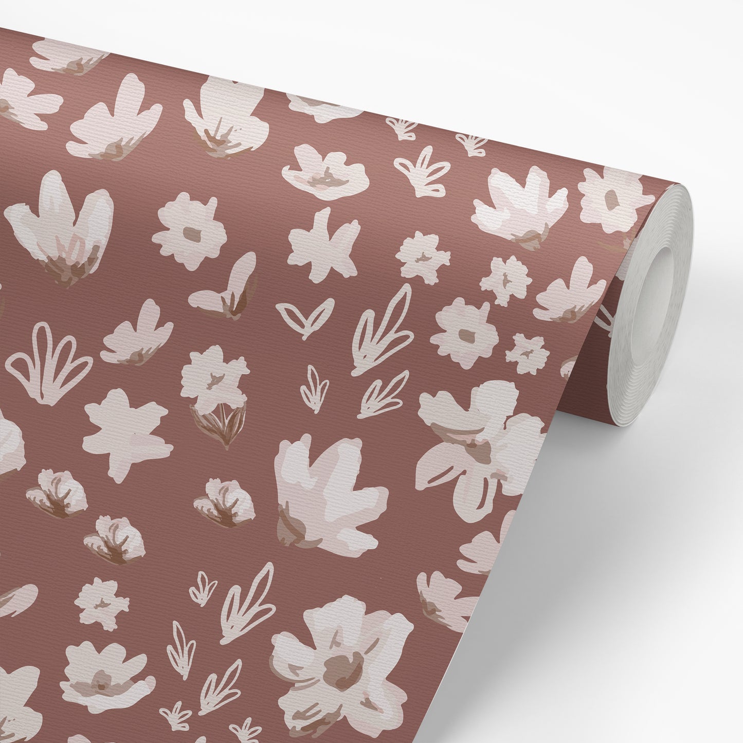 Ditsy Daisies Wallpaper in Rust shown on a wallpaper roll.