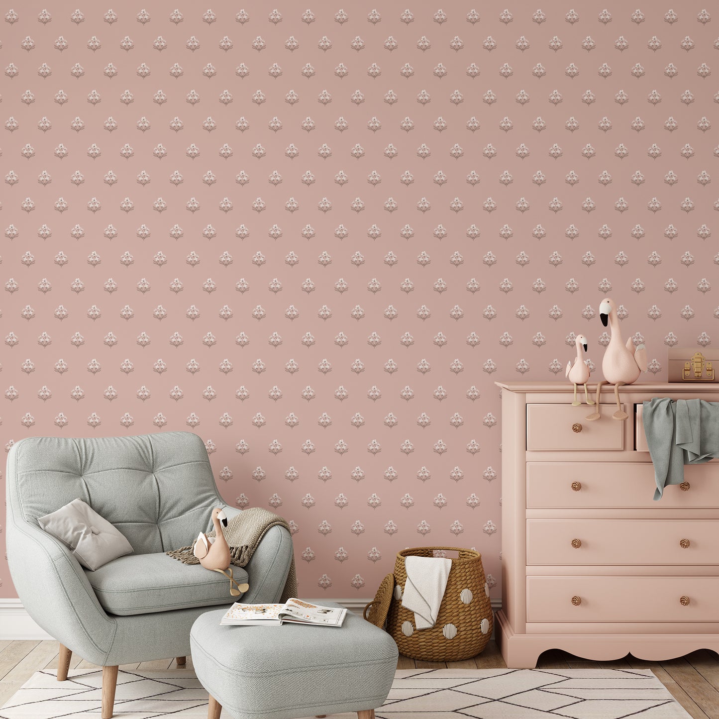 Folk Flowers Wallpaper in blush shown in a nursery. 