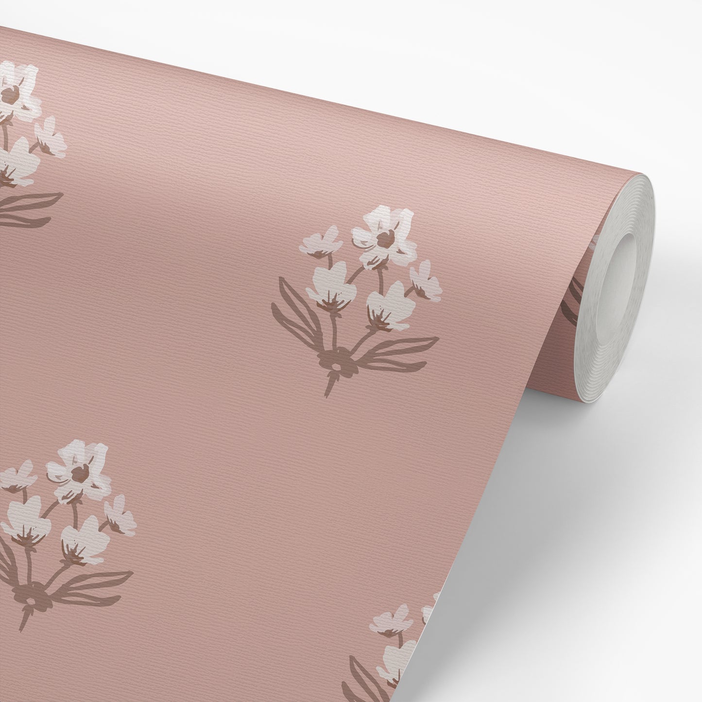 Folk Flowers Wallpaper in blush shown on a wallpaper roll.