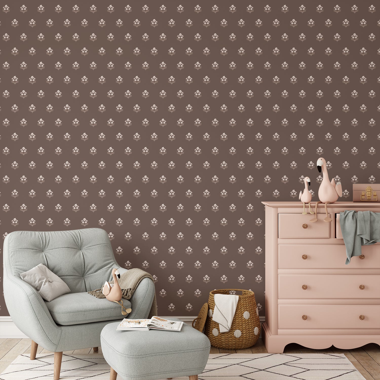 Folk Flowers Wallpaper in Espresso shown in a nursery.