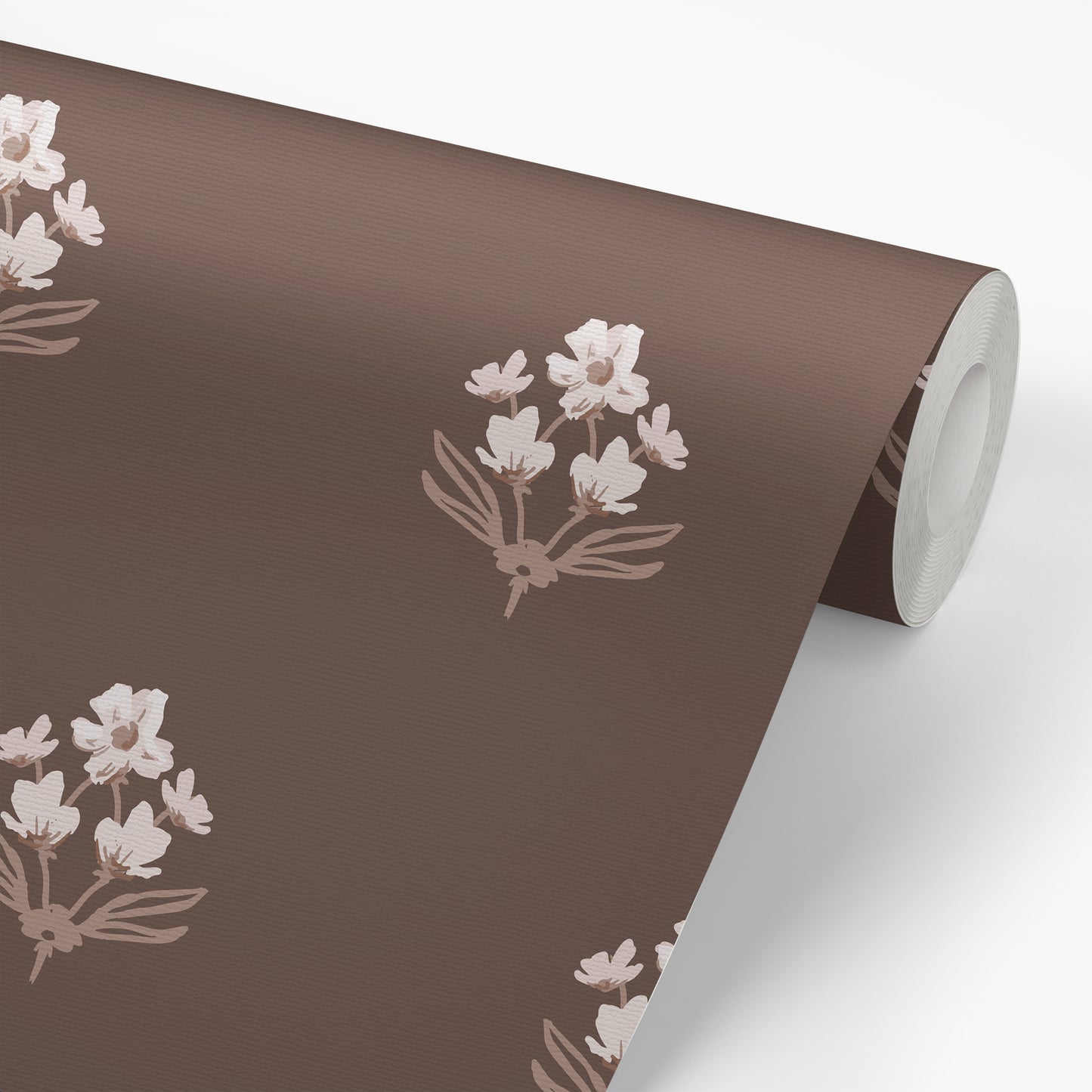 Folk Flowers Wallpaper in Espresso shown on a wallpaper roll.