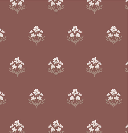 Folk Flowers Wallpaper in Rust shown up close.