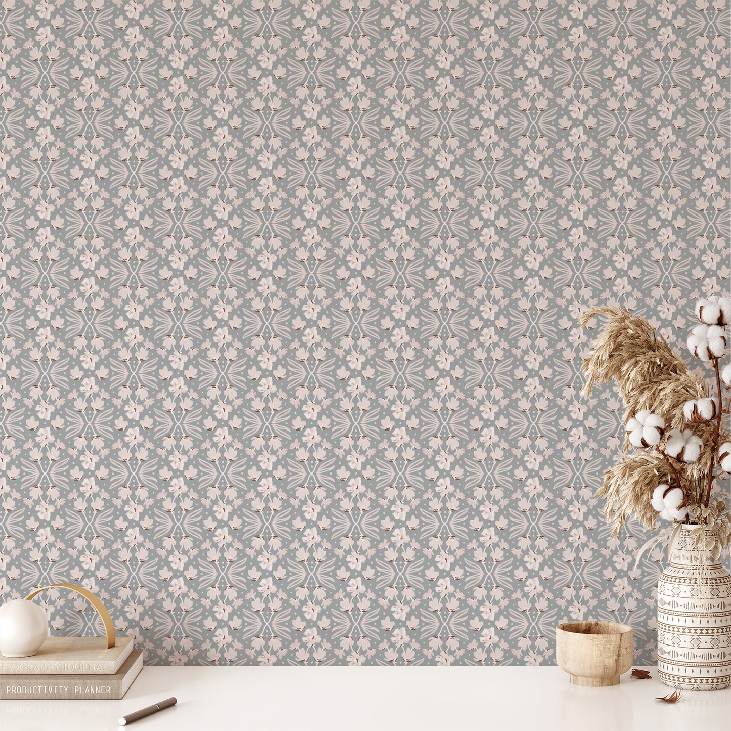 Petite Floral Wallpaper in Denim shown in an office.