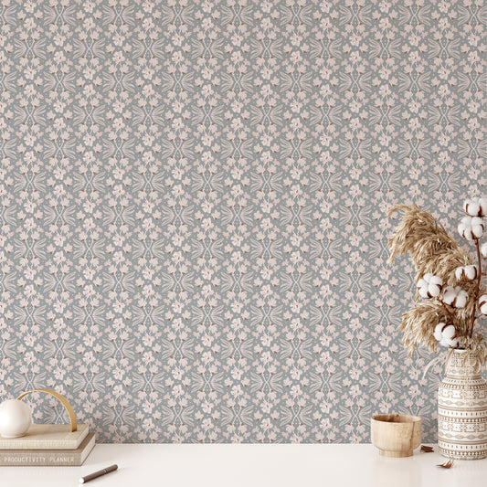 Petite Floral Wallpaper in Denim shown in an office.