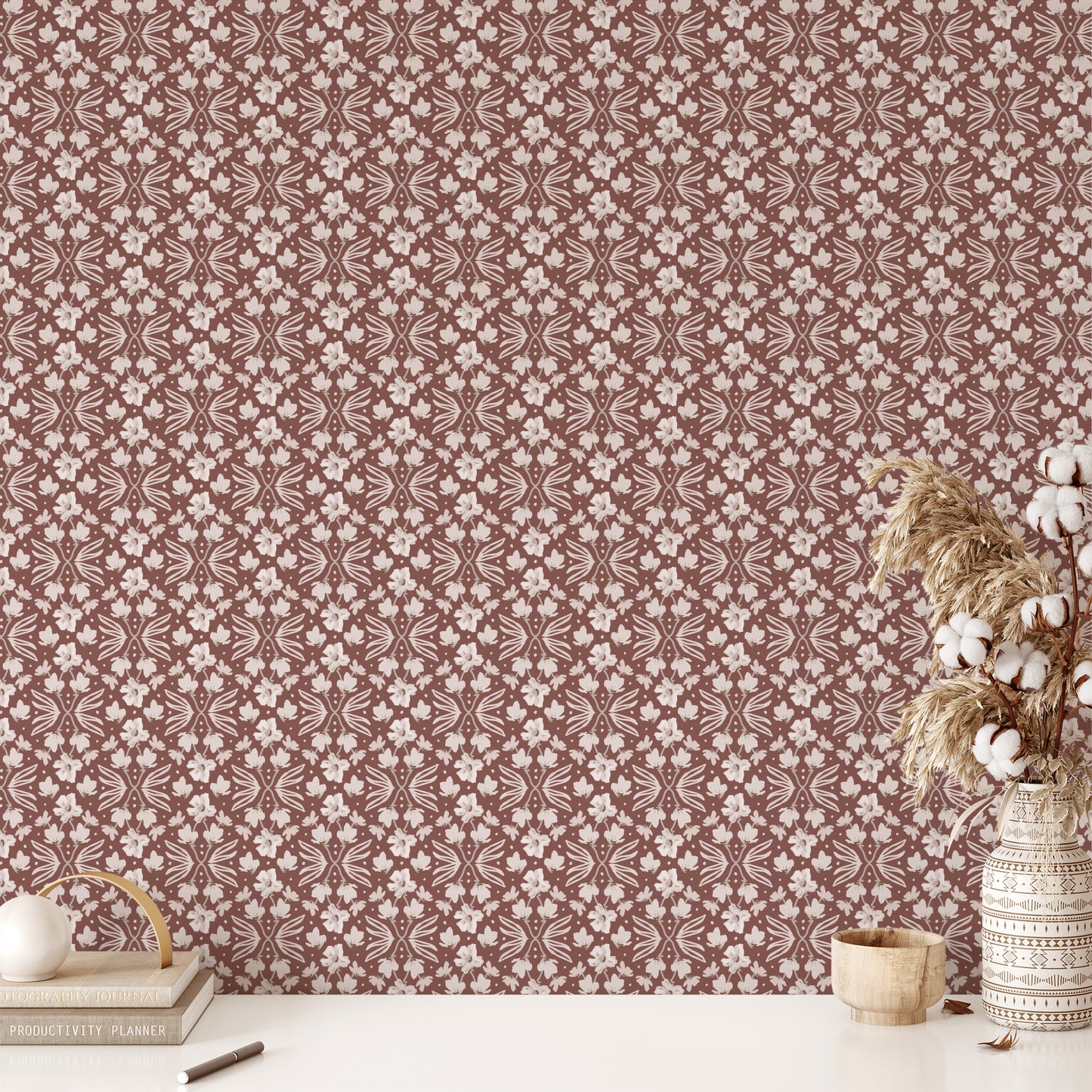 Petite Florals Wallpaper in Rust shown in an office.