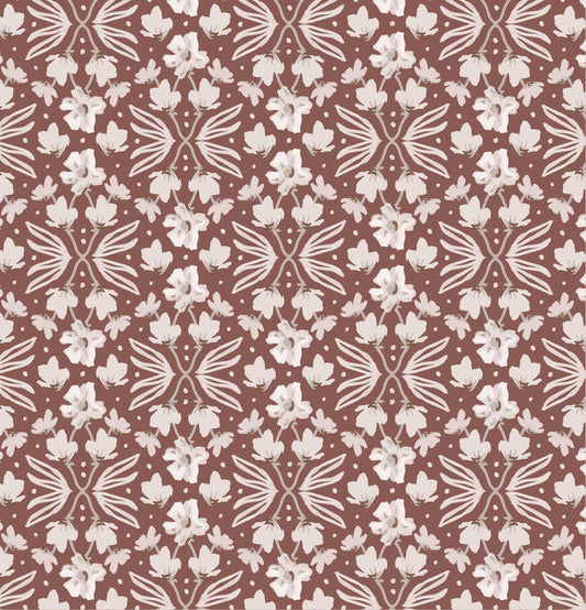 Petite Florals Wallpaper in Rust shown close up.