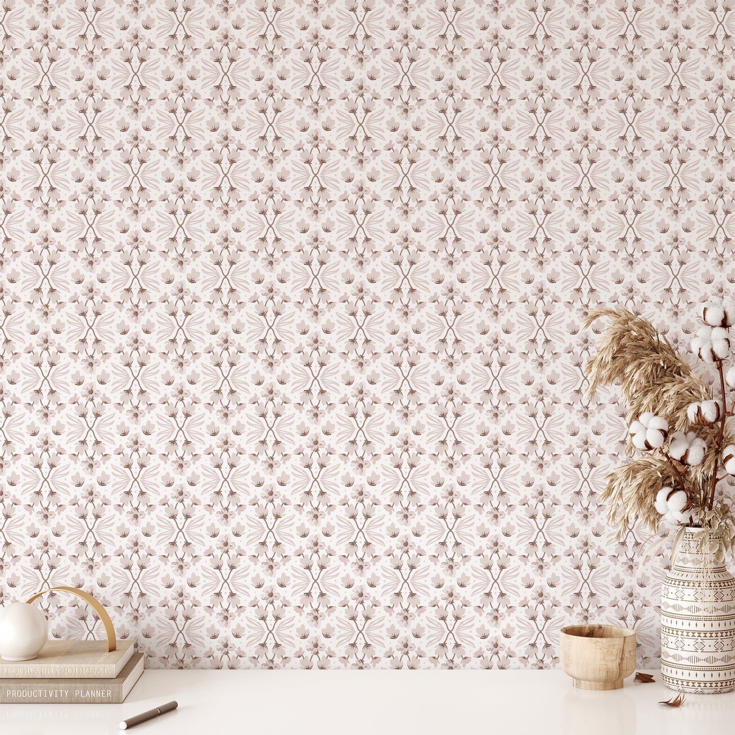 Petite Florals Wallpaper in Snow shown in an office.