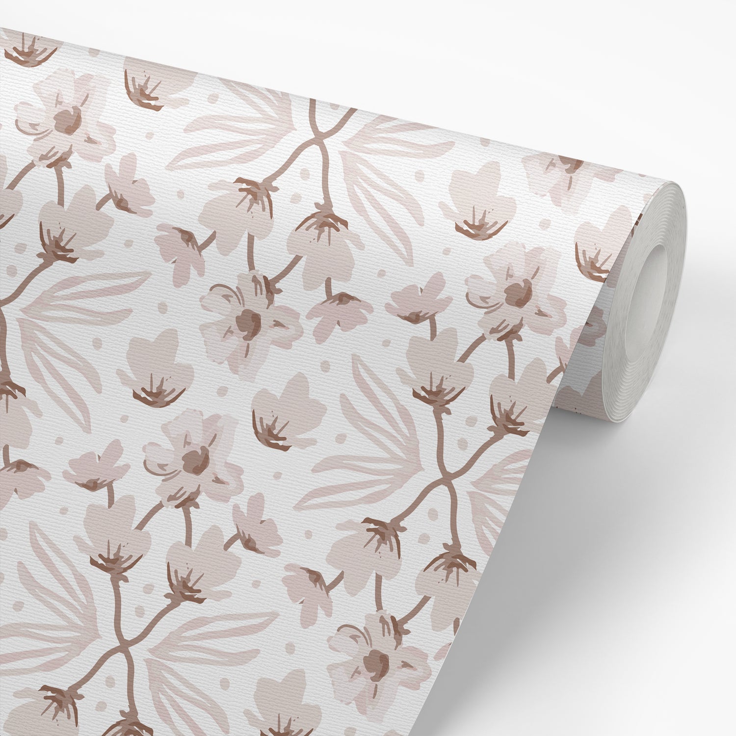 Petite Florals Wallpaper in Snow shown on a wallpaper roll.