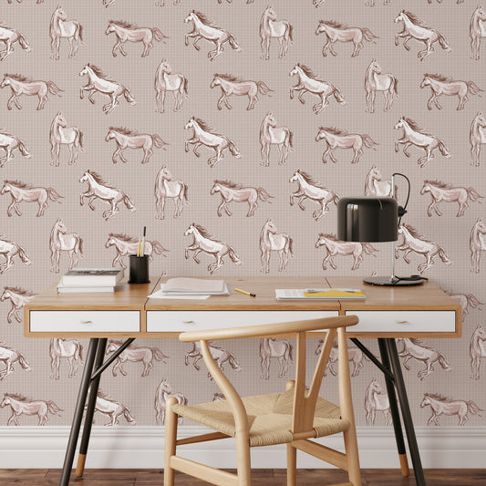 Wild Horses Wallpaper in Beige shown in an office.