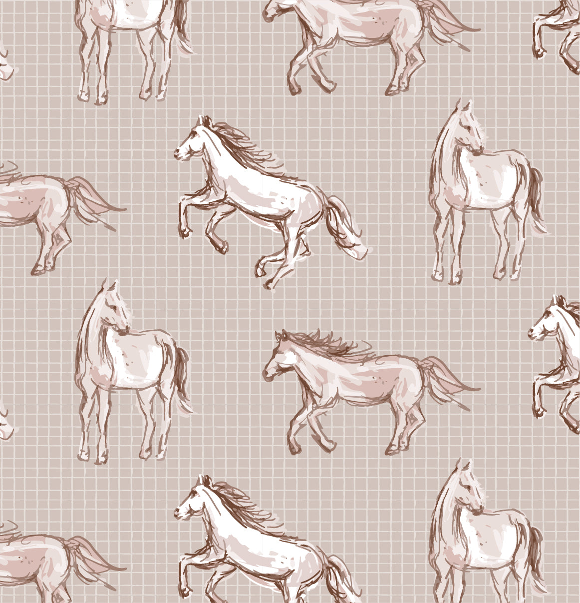 Wild Horses Wallpaper in Beige shown close up.