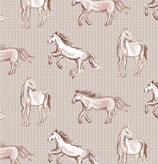 Wild Horses Wallpaper in Beige shown close up.